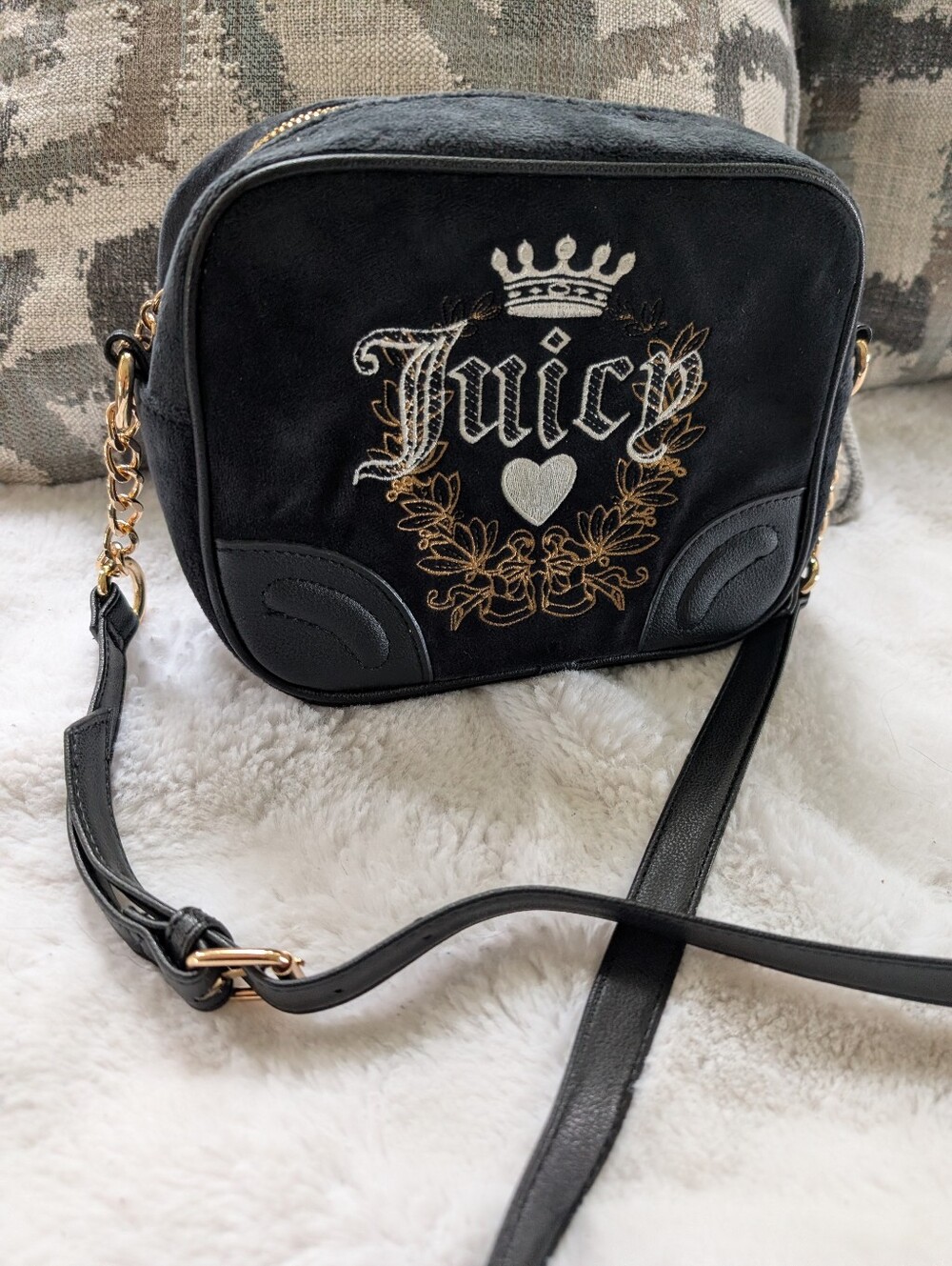 Y2K Juicy Couture Black Velvet Crossbody Bag with Gold Embroidery Like New